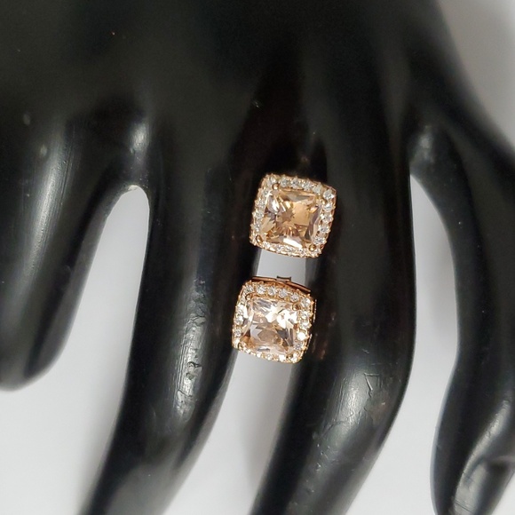 Sterling Silver 925 Rose Gold Morganite Princess Cut Earrings - Picture 2 of 5